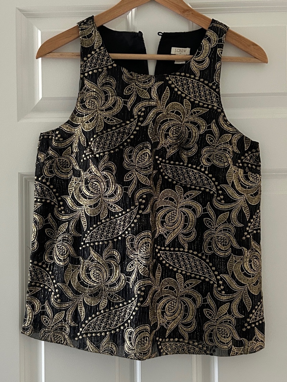 J. Crew Black Sleeveless Top with Gold Floral Metallic Lace Details